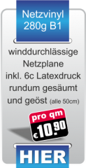 Werbeplanen aus winddurchlässiger Mesh-Netzplane für 10,90 € ab dem ersten Quadratmeter Werbeplane